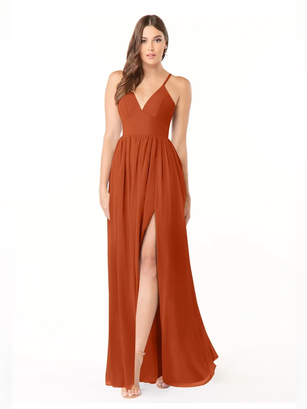 Azazie Burnt Orange Spaghetti Strap V-Neck Maxi Gown